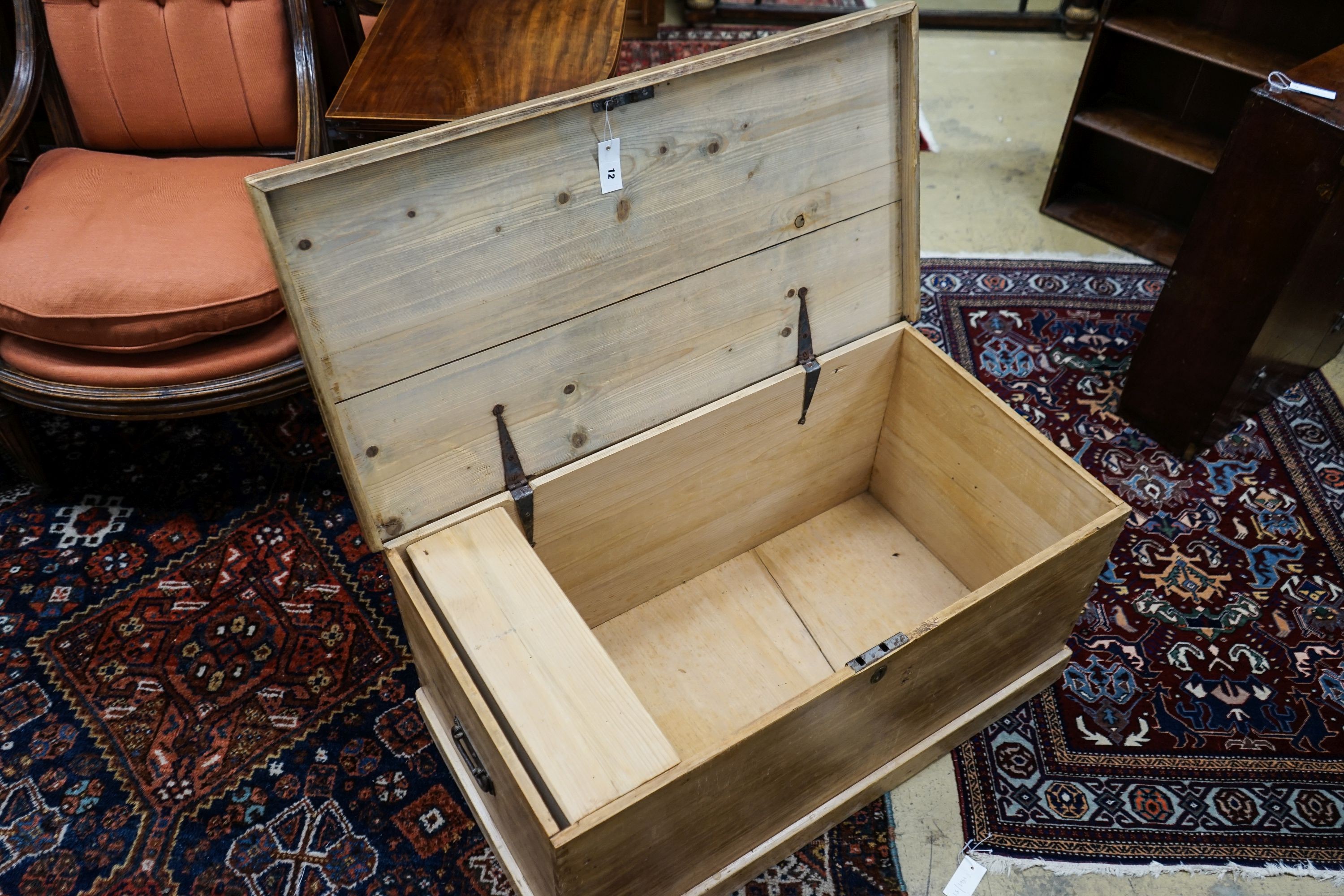 A Victorian rectangular pine trunk, length 96cm, width 52cm, height 45cm